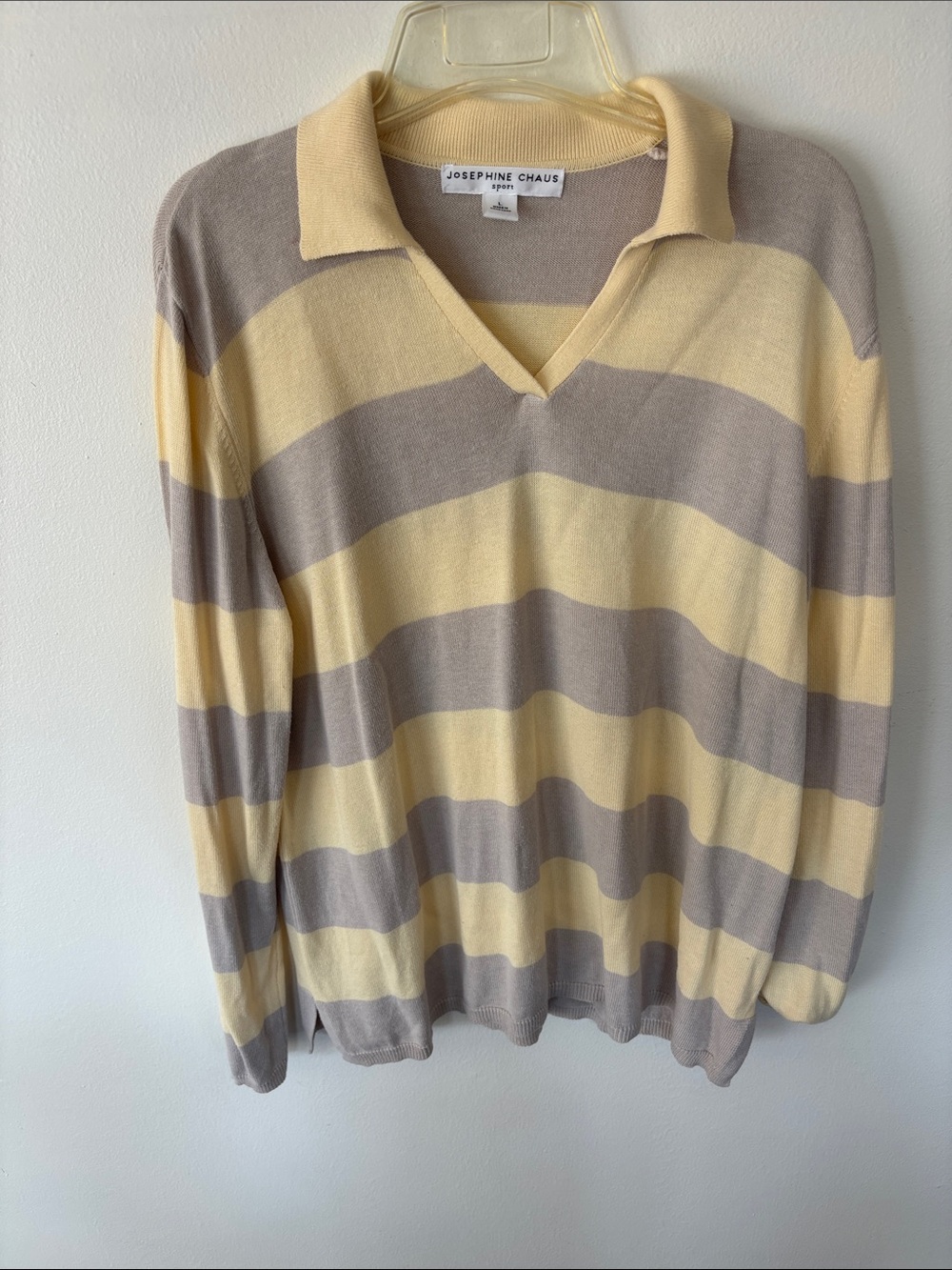 Josephine Chaus Yellow and Taupe Striped V-Neck Polo Sweater